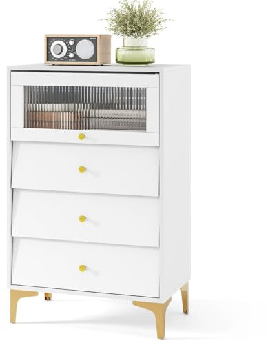 KOMFOTTEU Cassettiera Bianca in Legno, Comò Camera da Letto Moderno con Porta in Vetro e Gambe in Metallo, Mobiletto Cucina con Cassetti Scorrevoli, per Studio, Ingresso, Bianco (Con 3 Cassetti)
