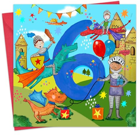 Twizler Geburtstagskarte zum 6. Geburtstag für Jungen – Ritter und Drachen – 6 Jahre alte Kinder Happy Birthday Karte für Kinder