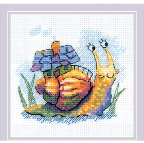 RIOLIS 2285 Kleine Schnecke Zählmuster-Kreuzstich-Set 15.2 x 15.2 cm | Tiere Motiv, 10 ct weiß Zweigart Aida, 12 Wolle/Acryl Farben, Anfänger bis Mittelstufe, Stickvorlage & Nadel inklusive