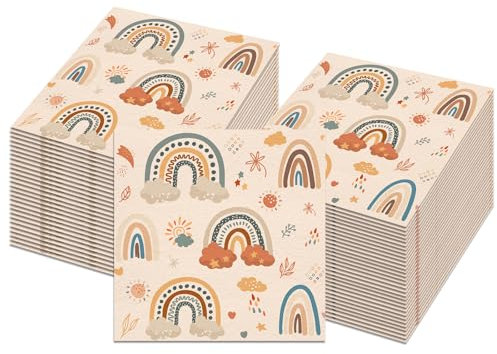 ParPix 20 Stück Boho Regenbogen Servietten, 33x33cm Papierservietten Babyparty Deko Junge Mädchen, Babyparty Servietten Taufe, Taufe Deko Servietten Regenbogen, Babyshower Babyparty Papierservietten