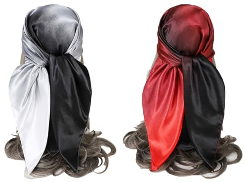 2 Stück 88,9 cm große, quadratische Satin-Kopftücher, seidenähnliches Haarbandana zum Schlafen und Wickeln, Kopftücher zum Haarwickeln, Schwarz und Weiß, Schwarz und Rot