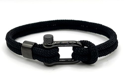 KAROO EARTH JEWELLERY Men's Nautical Rope Bracelet, Durable Nylon Marine Rope | Bracelet with stainless steel D-shackle | Mens Double Strand Sailing rope bracelet (Black, 21cm (Average Wrist))