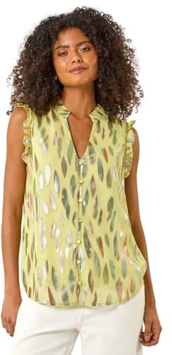 Dusk Fashion Foil Print Sleeveless Top for Women UK - Ladies Everyday Holiday Spring Summer Notch Neckline Comfy Soft Evening Vacation Work Party - Lime - Size 10