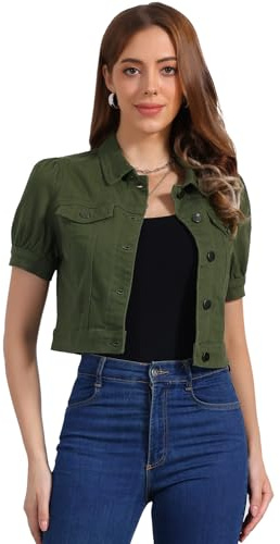 Allegra K Women's Short Sleeve Cropped Denim Jacket | Button Down, Y2K Puff Sleeve, Short Length, Turndown Collar, Flap Design, Casual Western Jean Jackets