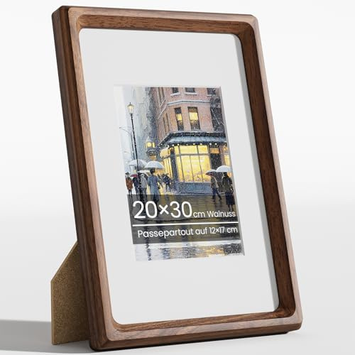 Feihorrm Bilderrahmen 20x30, Natürliches Walnuss Holz Fotorahmen mit Glas | Handgefertigte 20x30cm Holzrahmen oder 12x17 cm-Fotos mit Passepartout, Wand oder Tisch für Collagen, Wanddekoration