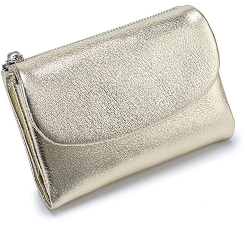 Generisch Unisex-Geldbörse aus Kieselleder – Kleiner Kartenhalter aus echtem Leder mit Münzreißverschluss, kompakte,13,5 cm Kurze, zweifach gefaltete Clutch für Münzen und Ausweise (Gold)