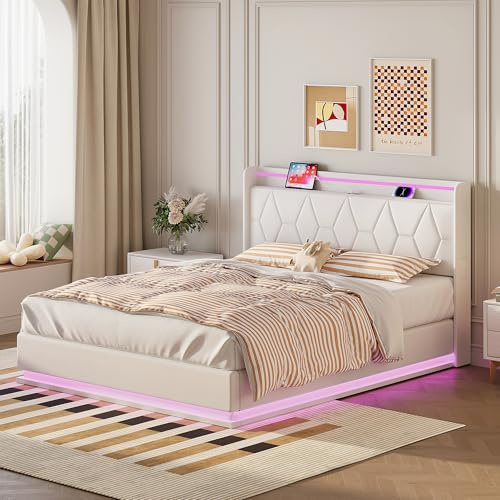 SUNFECILI Doppelbett Polsterbett 160x200cm mit Stauraum und Kopfteil, Stauraumbett mit USB und LED Beleuchtung, Boxspringbett Funktionsbetten Jugendbett mit Lattenrost, Weiß (160x200cm)