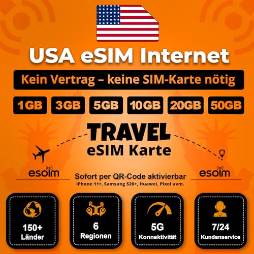 eSIM Karte für USA – Kein Vertrag, Keine SIM, Nur QR-Code - LTE/5G | Travel SIM (20GB - 30 Tage)