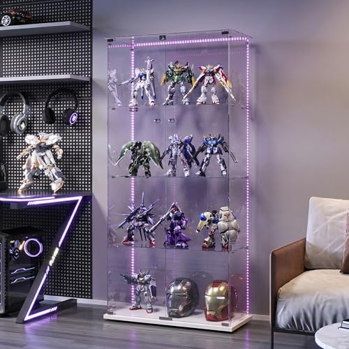 Zorvani Vetrinetta in Vetro,Vetrinetta Espositiva LED,Vetrina Soggiorno Moderna con 4 Ripiani in Vetro con 2Porta e Serratura,Vetrine per Collezionismo,Vetrina negozio (Bianco+LED 2)