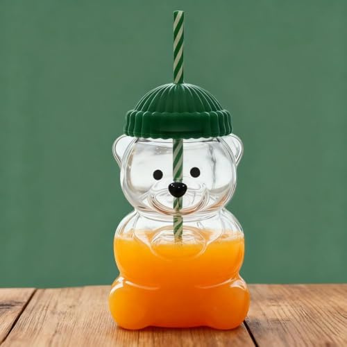 HMifjUM 2025 Bear Straw Cup - Cute Bear Glass Cup with Straw 20oz,New Cute Mugs, Coffee Beer Wine Cocktail Drinks Glassware (A-2PCS)