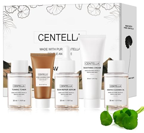 Centella Kit de voyage pour le visage, tonique, sérum solaire, crème apaisante, huile nettoyante, mousse nettoyante contre l'acné, mini kit de base de soins de la peau dans une boîte cadeau et coffret