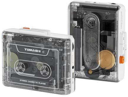 TOMASHI Portable Cassette Player with Bluetooth Transmitter, Cassette Stereo Player with Type-C Charging, Built-in Battery, Belt Clip, and Earphone Jack for Wireless Music Playback (Crystal Clear)