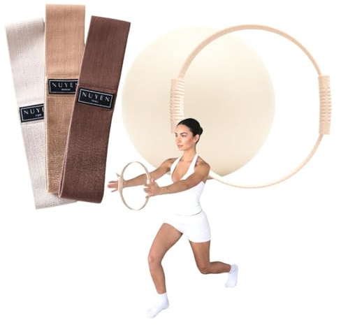 NUYEN Premium Pilates Set 3-teilig: Ring, Ball & Booty Bänder – Nude/Braun – Home Studio Workout Zubehör mit QR Code Online Übungen
