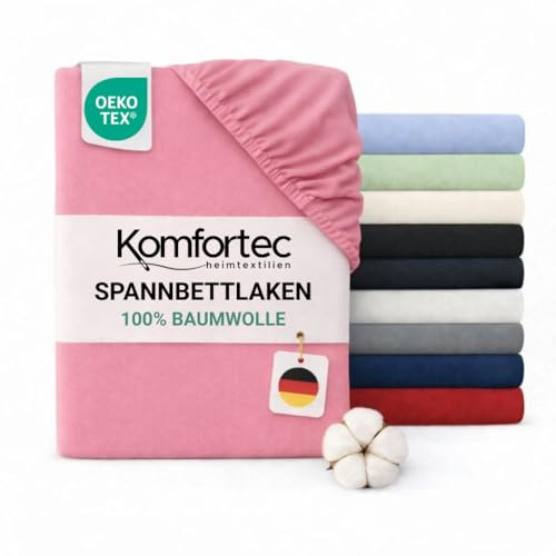 Komfortec Spannbettlaken Jersey 100% Baumwolle – 120x200 cm – 135g/m² – Weich, Atmungsaktiv & Hautfreundlich – Mit Rundumgummi – Oeko-Tex Zertifiziert – Für Boxspring, Topper & Matratzen – Rosa