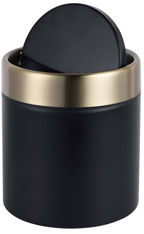 Relaxdays Tischmülleimer, mini, Kosmetikeimer Bad, schwarz/gold | Küche & Büro, 1,5 L, Schwingdeckel, Abfalleimer, Metall