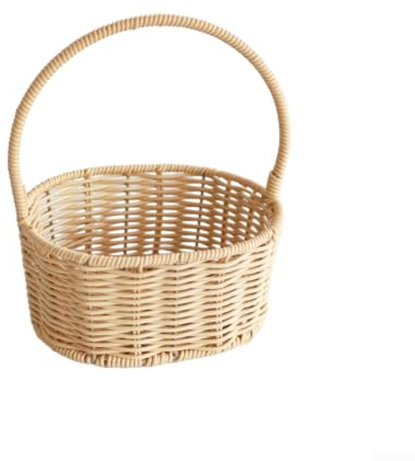 Cesta de mimbre hecha a mano con mango resistente para caza de huevos de primavera y diversión familiar, organizador de almacenamiento floral de color crema de 25 cm (A)