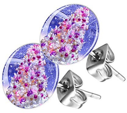 Piersando Ohrstecker Ohrringe Runde Kleine Stecker für Damen oder Kinder Silber mit Tannenbaum bunt Motiv