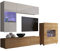 Moderne Wohnwand Calabrini III, Anbauwand, Mediawand, Kommode Hängevitrine, TV Lowboard, Wandregal, Wohnzimmerschrank, Fernsehschrank (mit Blauer LED Beleuchtung, Eiche Gold/Weiß + Weiß Hochglanz)
