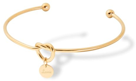 Armreif Liebe Freundschaft Knoten mit Gravur | Plättchen mit Namen Initialen Datum | Persönliche Geschenke für Frauen zum Valentinstag Jahrestag Geburtstag Muttertag | Farben: Silber Gold Rosegold