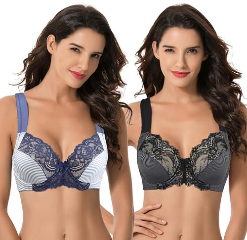 Curve Muse Reggiseno in Pizzo con Ferretto Sfoderato Taglie Forti con Spallacci Imbottiti-Confezione da 2-Stampa Grigia,Stampa Blu-7D