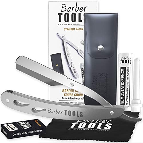 Rasoir - Rasoir homme - Rasoir coupe choux - Rasoir barbe avec Stick d'alun, Chiffon Polissage, Étui Rangement, lame rasoir - (rasoir de barbier) - BARBER TOOLS (Argent)