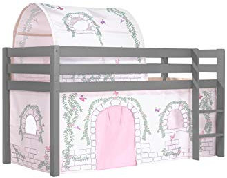 Vipack Spielbett Pino mit Textilset Vorhang und Tunnel Birdy Kiefer massiv grau lackiert