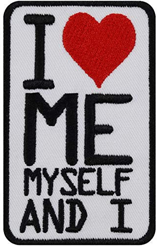 Aufnäher I love me, myself and I Aufbügler/Patch zum annähen/aufbügeln Jeans Flicken | Bügelbilder Motivation Herz Applikation für Kleidung/T-Shirt/Jeans/Taschen | 50x80mm