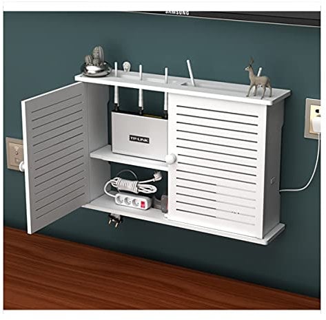 PPGE Home Router Aufbewahrungsbox Weiß, Wand TV Kabel Verstecken Box, Holz und Plastik Wandregal, Cable Management Box, Schwebendes Regal, Kabel Organizer Box, Wifi Router Storage Box A