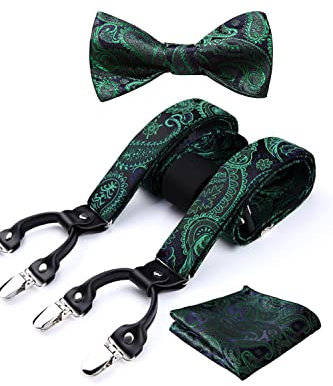HISDERN Hosenträger Herren fliege set Für Herren,Y-formoig und längenverstellbar Hosenträger mit den 6 starken Clips und fliege einstecktuch set (Grün, One size)