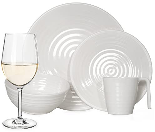 Melamin Camping Geschirr Set 4 Personen Crema 16 Teilig + 4 Timo Weiß Weingläser Tafelgeschirr Picknick BBQ Kochgeschirr