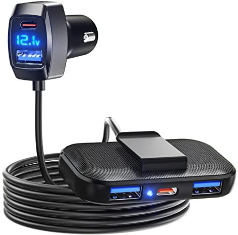LENCENT 5 Multi Ports 31W(Max) Car Charger Adapter, 3 USB A & 2 Type C Ports for Smart Phone, Voltage Detection, Multi Cigarette Lighter USB Charger with 1.5M Cable for Back Seat Charging
