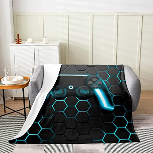 Gamer-Überwurfdecke für Jungen Spielen-Fleecedecke leicht Kinder-Gamer-Flanelldecke für Wohnzimmerdekoration grüne Neonlichter Gamepad-Geometrie Waben-Sechseck Fuzzy-Decke ganzjährig, 150 x 200
