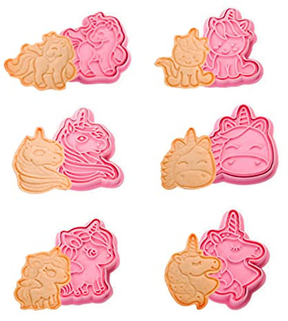 Unicorn Shape Cookie Cutters Sets, 6 Style 3D Cartoon Pressable Biscuit Unicorn Shape Mold Cookie Stamped Embossed Kitchen Baking Pastry Bakeware Tool for Kids Birthday Party and Festival