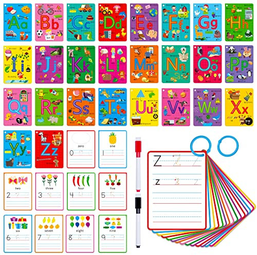 31 Buchstaben lernkarten, doppelseitiger Druck, trocken abwischbare Buchstaben, Sichtwörter und Zahlen, Lernkarten, Buchstabenverfolgung, Übungskarten für Vorschule, Kindergarten (2Ringe und 2 Marker)