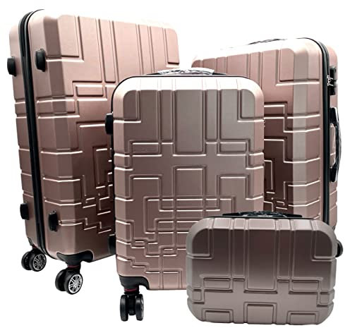R.Leone Valigia da 1 pezzo Fino a Set 4 Trolley Rigido grande, medio, bagaglio a mano e beauty case 8 ruote in ABS 611 (Set 4 Pezzi XS S M L, Rose Gold)