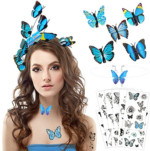 HOWAF Schmetterling Kostüm Damen Mädchen, Schmetterling Haarreif Schmetterling Haarband Stirnband Schmetterling Haarklammer Haarspange Halskette Schmetterling Tattoo Fasching Karneval Kostüm Damen