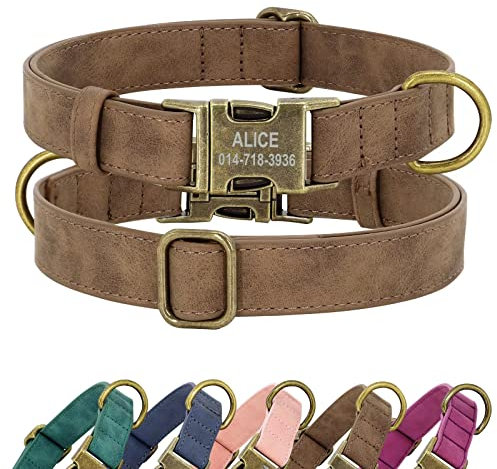 Didog Personalisiertes Leder-Hundehalsband, weiches langlebiges individuelles verstellbares Hundehalsband mit Namensschild Schnellverschluss-Metallschnalle für kleine, mittelgroße große Hunde, braun,L