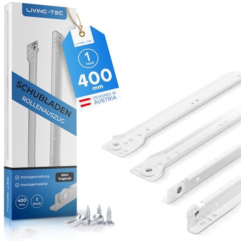 LIVING TEC® Schubladenschienen 400mm - 1 PAAR Rollenauszug Weiß Teilauszug - Leichtgängiger Schubladenauszug - Schubladenauszüge in vielen Größen - Auszugsschienen Stahl 1mm stark - Auszug bis 20kg