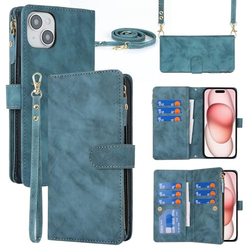 Cavor Compatible with iPhone 15 Case With Card Holder With Strap,Flip Leather Crossbody Women Wallet Case,[9 Card Holders][Magnetic][Lanyard],Cover Phone Case Compatible with iPhone 15 - Light Blue