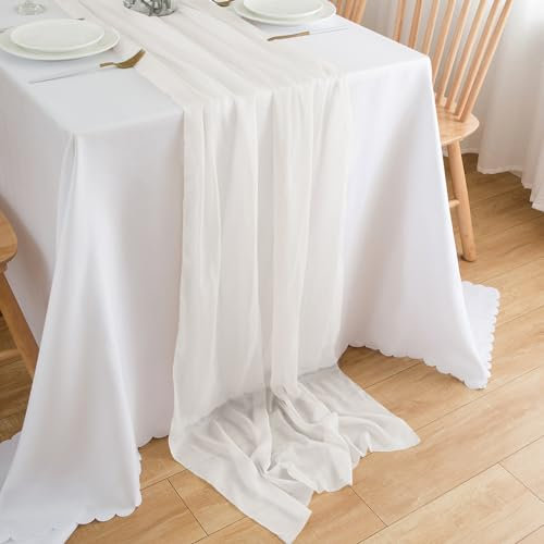 CHUQING Tischläufer Weiß,Chiffon Tischläufer Weiss,Chiffon Weiß Stoff,70 x 300 cm,Tischdeko Hochzeit Table Runner Tischdecke Weißer Dekostoff