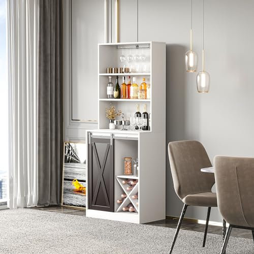 DWVO Barschrank mit Schiebetür, 172 cm hoch, freistehender Küchenschrank mit Wein- und Glasregal, offene Aufbewahrungsregale für Wohnzimmer, Esszimmer, Flur, weiß