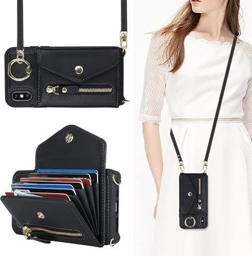 SailorTech iPhone X/XS Case with Zipper Credit Card Holder for Women, iPhone X Phone Leather Case Ring Stand with Card Slots Kickstand Wallet Crossbody for iPhone XS - Black