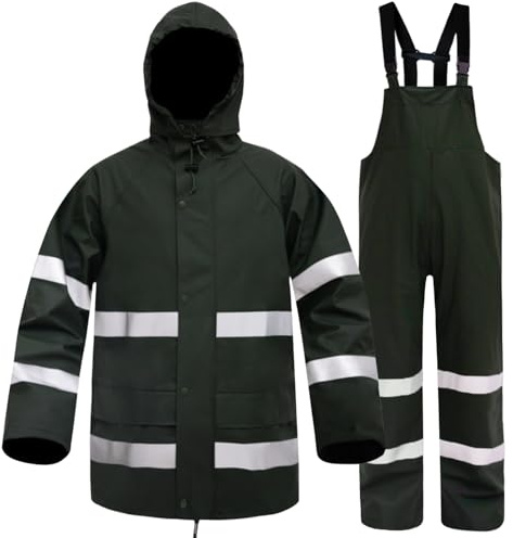 Rizzon Tuta antipioggia per uomo e donna, impermeabile, resistente, ad alta visibilità, giacca e pantaloni per pesca e campeggio, Verde, X-Large