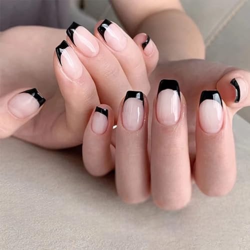 24pcs Short Square False Nails French Tip Stick on Nails Black Edge Press on Nails Nude Removable Glue-on Nails Fake Nails Women Girls Nail Art Accessories