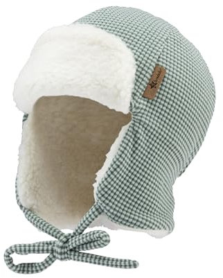 Sterntaler Fliegermütze mit Rippenmuster -dezent gestreift - Jungen Holzfällermütze angeschnittenen Ohrenklappen und Bindeband - Kinder Wintermütze, gefüttert mit Teddyplüsch - mattgrün,47