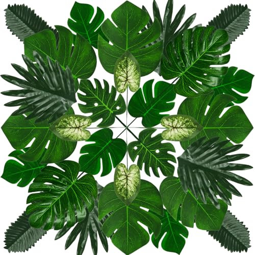 QUOZUO Foglie di palma artificiali 50 pezzi Monstera Verde pianta di palma con steli, foglie tropicali per hawaiana Luau giungla spiaggia tema decorazione