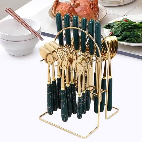 LUNICASHA Cutlery Set with Stand, Cutlery Set Service for 6, Stainless Steel Tableware Set with Holder, 24 Pieces Flatware Set for Home Kitchen Restaurant, Dark Green