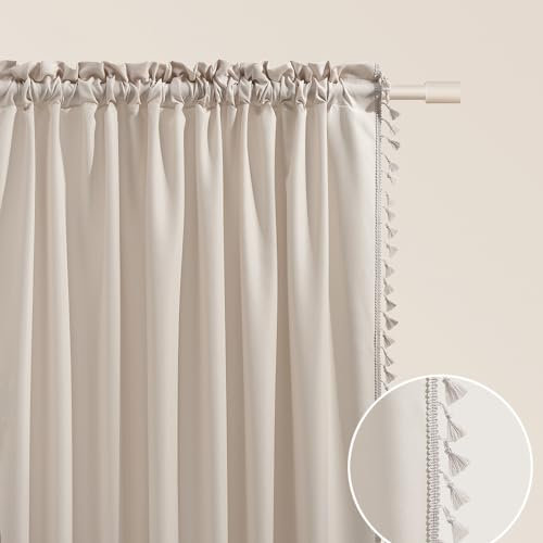 ROOM99 Rideau avec Passe Tringle Lara 140 x 250 cm Largeur x Hauteur, Décoration de Fenêtre, Curtains et Draperies intérieurs pour Salon, Chambre Moderne Galon à Pompons Beige Clair, 1 pièce