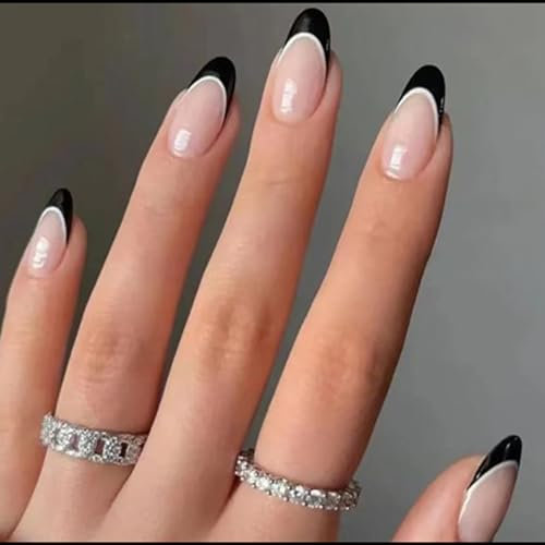 24 Stück Künstliche Nägel - Mandel Nägel Zum Aufkleben Kurz - Press on Nails mit Nagelkleber Aufkleber für Damen und Frauen (Black French)