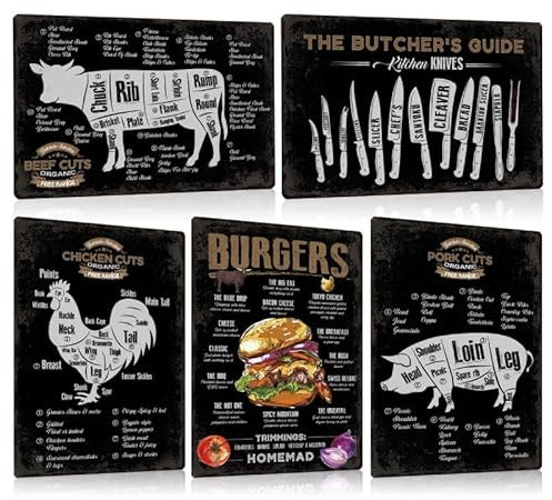 Lot de 5 Barbecue Plaque Metal Vintage pour cuisine - BBQ Panneau Decorative Pour Jardin - Burgers Poule Butcher Pancarte Decoration Murale Tableau Pour Restaurant Salle à Manger 20x30cm (Noir)